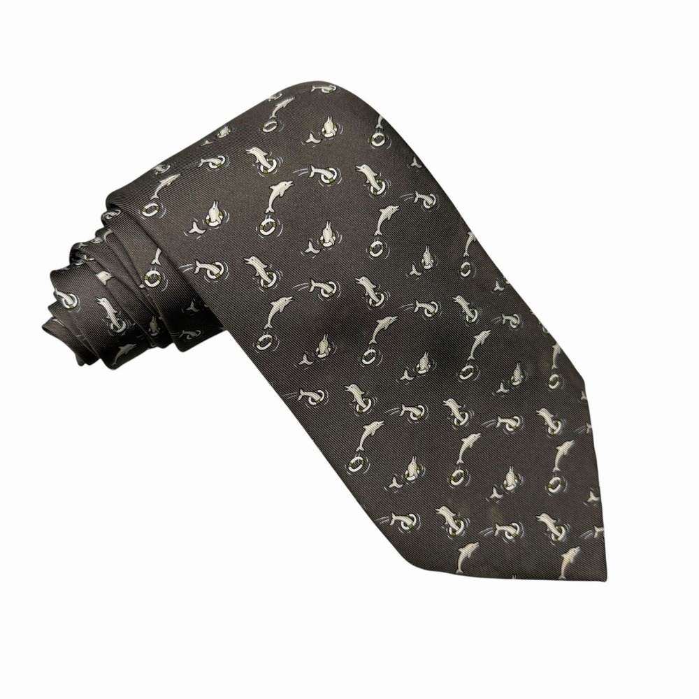 Hermes Mens Tie Dancing Jumping Dolphins Brown Silk 5390 OA 3 7/8" (W) x 63" (L) - Picture 2 of 7